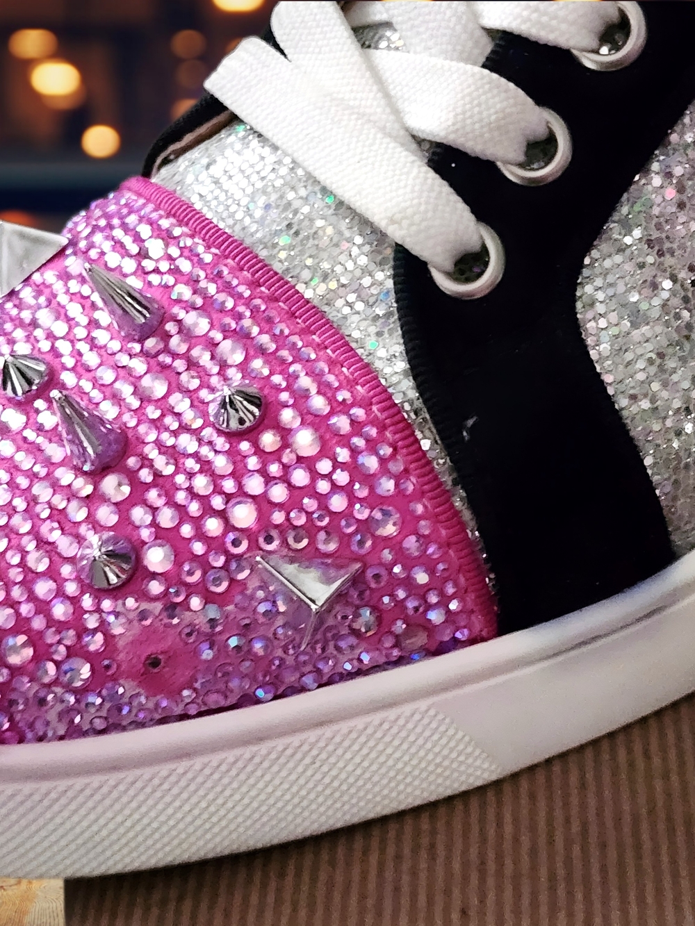 Christian Louboutin Women’s Pink Glitter Spike Sneakers - Picture 5 of 8
